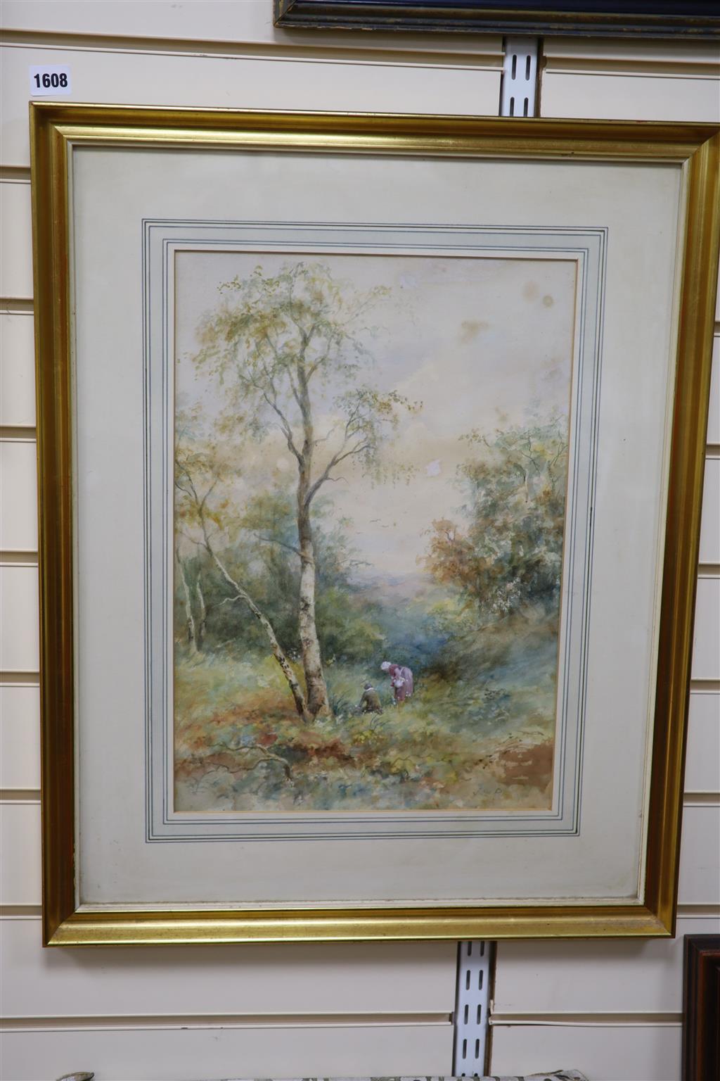 J.W.Philips RA, watercolour, Figures in woodland, signed, 46 x 32cm